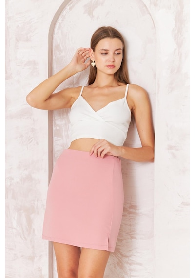 Darlin Moda Kadın Pembe Yırtmaçlı Mini Etek Dm2016 Pembe