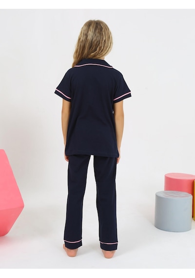 Kız Çocuk Kısa Kollu %100 Pamuklu Düğmeli Pijama Takımı Princess Indigo
