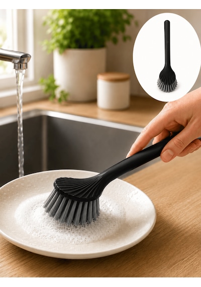Beylini Tezgah Üstü Silikon Uçlu Bulaşık Yıkama Fırçası Çizdirmez Lavabo Tezgah Üstü Tabak Bardak Banyo Fırça Siyah