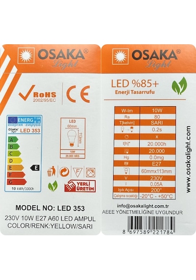 4 Adet Osaka 10w Sarı Işık E27 Duylu Kalın Duy Led Ampul