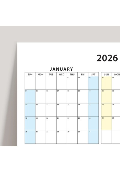 Amerikan Standardı 2027 Yıllık Planlayıcı Duvar Takvimi, Pazar Günü Başlangıçlı Takvim, Aylık Planla