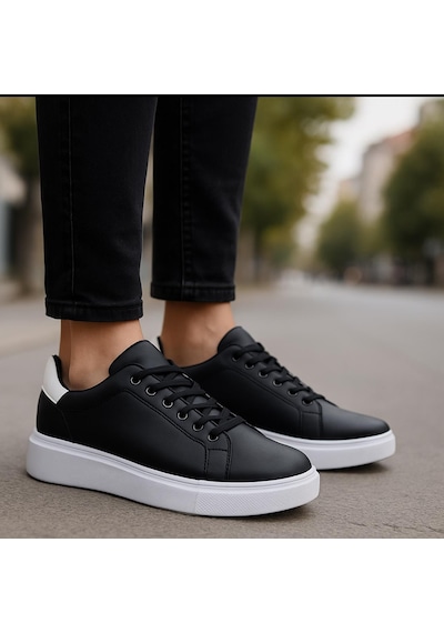 Erkek Siyah Beyaz Tabanlı Bağcıklı Sneaker Spor Ayakkabı-641 Siyah  -  Beyaz