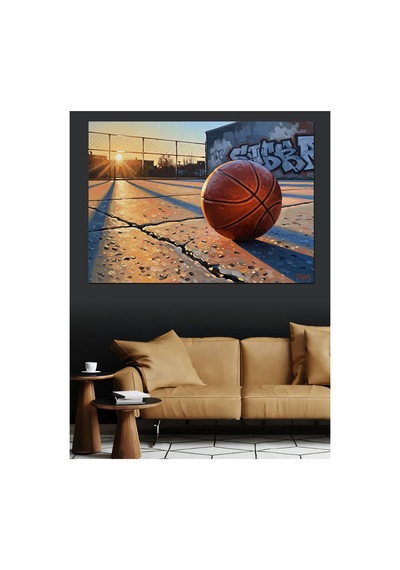 Basketbol Sahasında Duran Yalnız Top Yağlı Boya Dokulu Kanvas Tablo Canvas Tablosu