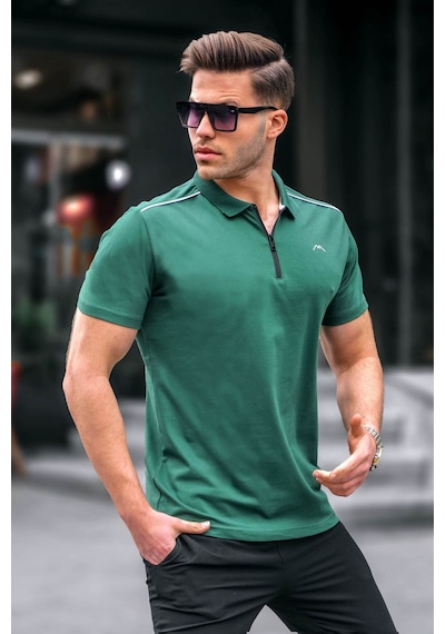 Madmext Erkek Koyu Yeşil Basic Fermuarlı Polo Tişört 6076 Koyu Yeşil