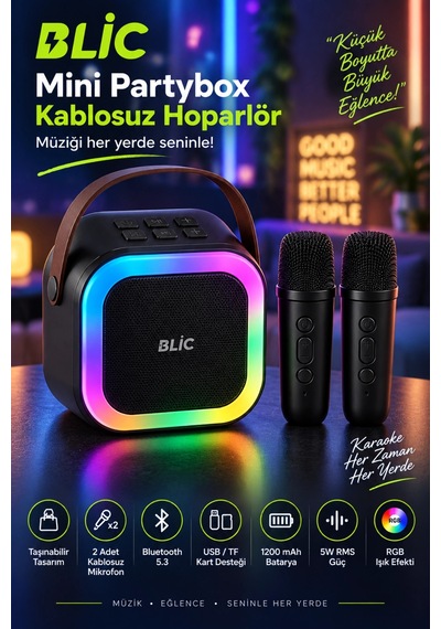 Blic Bls-97 Siyah Partybox Çift Kablosuz Mikrofonlu Rgb Led Işıklı Taşınabilir Bluetooth Hoparlör