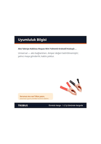 Trobus Akü Takviye Kablosu Maşası Mini Yalıtımlı Krokodil Kıskaçlı 1 Takım Siyah Kırmızı