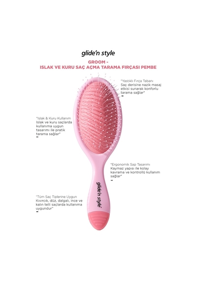 Glide'n Style Groom Islak ve Kuru Saç Açma Tarama Fırçası Pembe