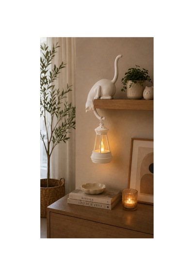 Dekoratif Kedi Raf Süsü Ve Led Fener Seti 24cm Modern Masa & Duvar Dekoru Beyaz