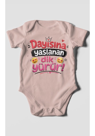 Morivokids Dayısına Yaslanan Dik Yürür Kısa Kollu Bebek Body %100 Pamuk Zbn255-kk Pastel Pembe