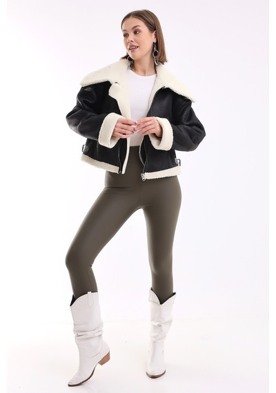 Winmoda34 İçi Kürk Astarlı Biker Kısa Ceket Siyah