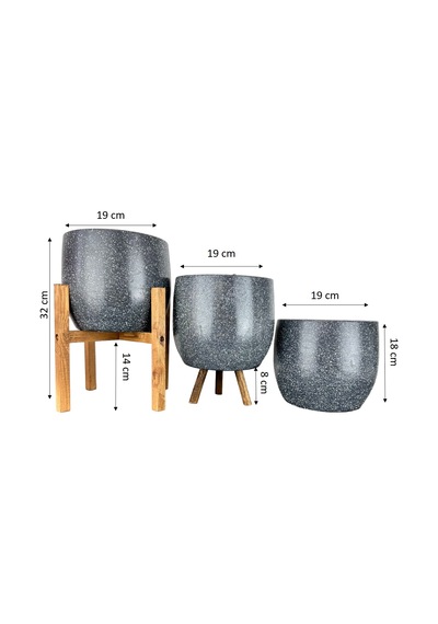 Bitki Tasarımı Ev Dekorasyon Aksesuar Gri Granit Toprak Saksı Saksılık Salon Çiçeklik Üçlü Set- 19 CM