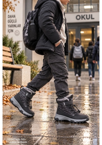 Muggo Tundy İçi Kürklü Cırtlı Ve Bağcıklı Unisex Çocuk Kar Botu Siyah