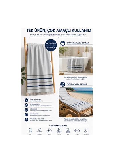 Banyo Deniz Plaj Peştemal Havlusu %100 Pamuklu 70x150 Cm Gri