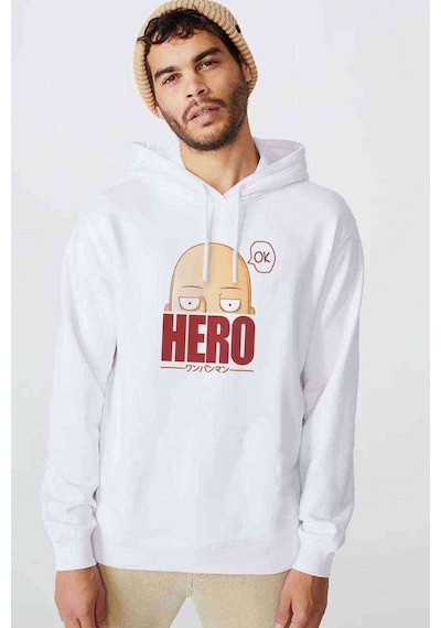 One Punch Man Hero Baskılı Beyaz Erkek Kapşonlu Sweatshirt