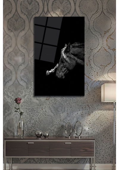 Siyah Beyaz At Ve İnsan Temalı Minimalist Cam Tablo Duygusal Modern Duvar Dekoru Portre Temalı Dekoratif Duvar Tablosu, Salon Ve Yatak Odası Dekoru,