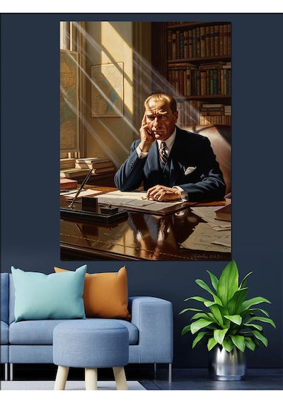 Kütüphanesinde Çalışan Atatürk Portresi Dekoratif Kanvas - Mdf Ahşap Tablo