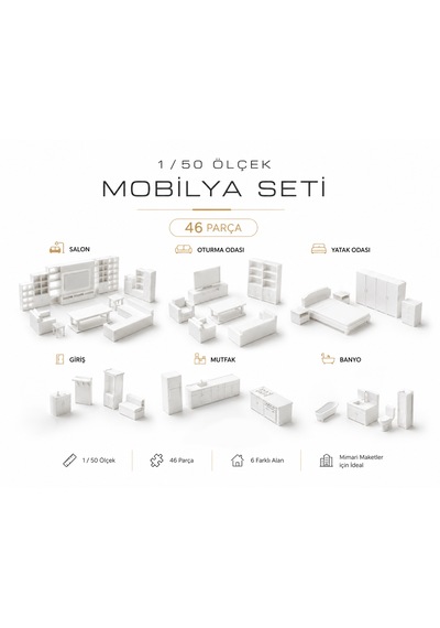 46 Parça Minyatür Mobilya Seti Boyanabilir Mimari Maket İç Mimari Salon, Yatak Odası, Oturma Odası, Giriş, Banyo, Mutfak