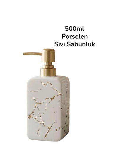 Lüks Porselen Sıvı Sabunluk 500ml Beyaz Mermer
