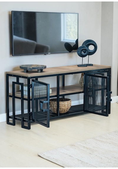Dekoratif Metal Gövdeli Ahşap Raflı Tv Ünitesi 3 Raflı 3 Kapaklı Tv Sehpası 120 X 30 Cm Televizyon Ünitesi Siyah Dekoratif Metal Gövdeli Ahşap Raflı Tv Ünitesi 3 Raflı 3 Kapaklı Tv Sehpası 120 X 30 Cm Televizyon Ünitesi Siyah