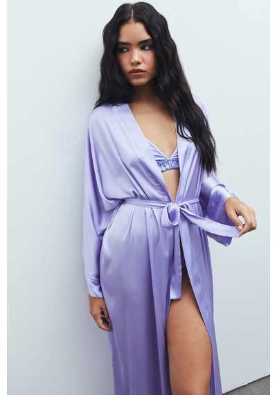 Frappant Lila Uzun Saten Sabahlık / Kimono Lila