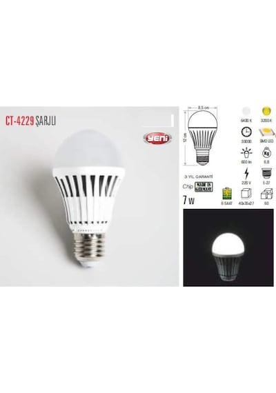 Cata 4229 Şarjlı Led Ampul 7W Beyaz Işık