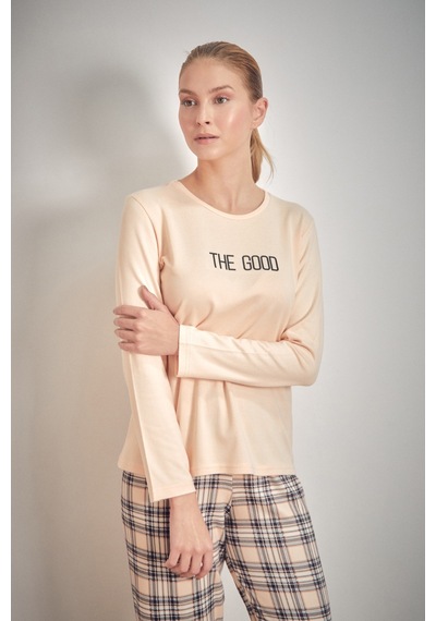 Fullamoda The Good Yazı Baskılı Bisiklet Yaka 2 Li Pijama Takımı 24mıcg631216530-bej Bej
