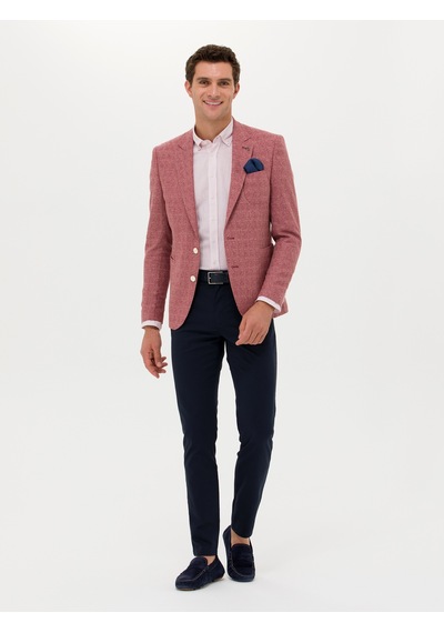Cacharel Bordo Slim Fit Yün Keten Karışımlı Ceket Kırmızı