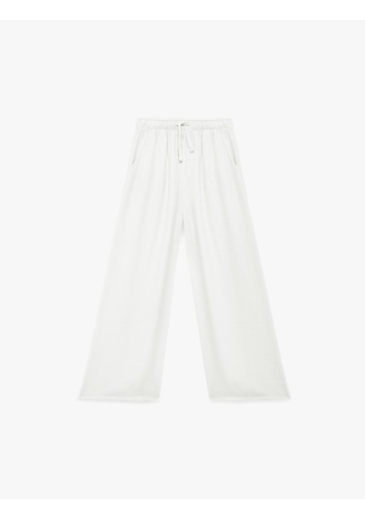 Koton Beli Bağlamalı Viskon Karışımlı Geniş Paça Pantolon Beyaz 6skg40061aw