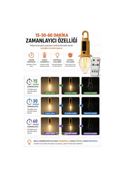 Solar Şarjlı Kamp Lambası Uzaktan Kumandalı 15-30-60 Dk Zamanlayıcı Sıcak Gün Işığı Led Askı Çok Renkli