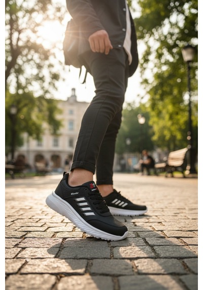 Enoch Unisex Hafif Tabanlı Bağcıklı Yürüyüş Ve Koşu Ayakkabısı Günlük Sneaker Siyah - Beyaz