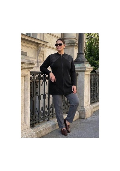Onno Style Women Omzu Kapitoneli Çelik Örgü Fermuarlı Triko Kadın Ceket Siyah
