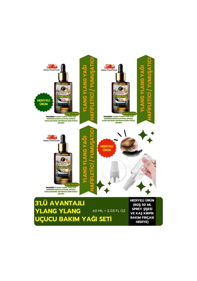 Amazeus Ylang Ylang Uçucu Yağı 3'lü %100 Saf Ve Doğal Besleyici Etki 3x20 Ml / 2.03 Fl Oz