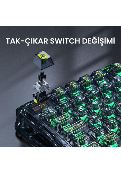 Mercury K1 Lite Kablosuz,türkçe Q, Mekanik Gaming Klavye, Rgb Işıklı, Transparent Black