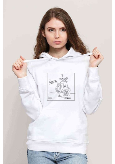 Vespa Baskılı Beyaz Kadın Kapşonlu Sweatshirt (534810063)
