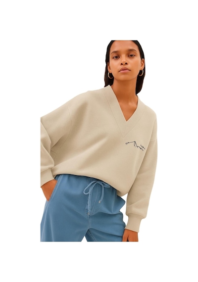 Benroma Dağ Baskılı Ünisex V Yaka Sweatshirt Bej