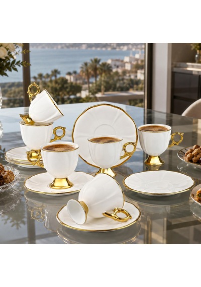 6 Kişilik Lüks Porselen Kahve Fincanı Beyaz Gold Rsy271