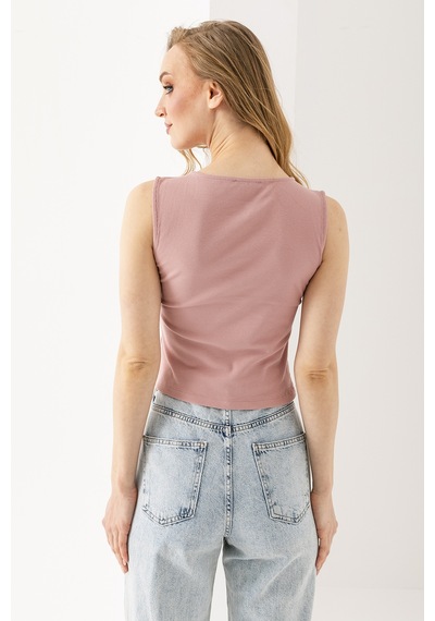 Giysa Kadın Bisiklet Yaka Düğmeli Fitilli Body Pembe - 25y 2457 Şeker Pembe