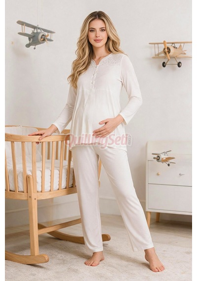 Lady Ekru Renkli Dantel Detaylı, 33201 Uzun Kol, 2 Parça Lohusa Hamile Pijama Takımı