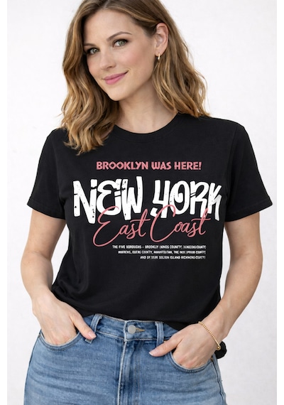Herkesemoda East Coast Baskı Detaylı Kadın Bisiklet Yaka Pamuklu T-shirt Siyah