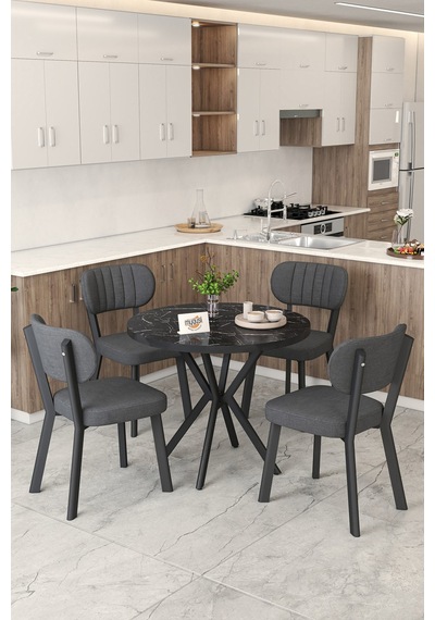 Gnr 90cm Sabit Siyah Mutfak Masası Takımı, Yemek Masası, 4 Modern Antrasit Sandalye Antrasit