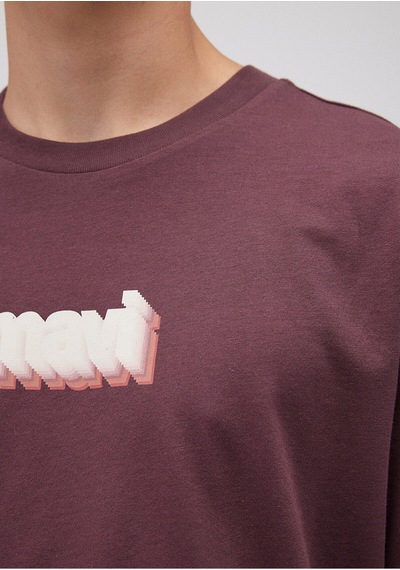 Mavi Logo Baskılı Bordo Tişört Loose Fit / Bol Rahat Kesim 0612358-70260 Kahverengi-70260
