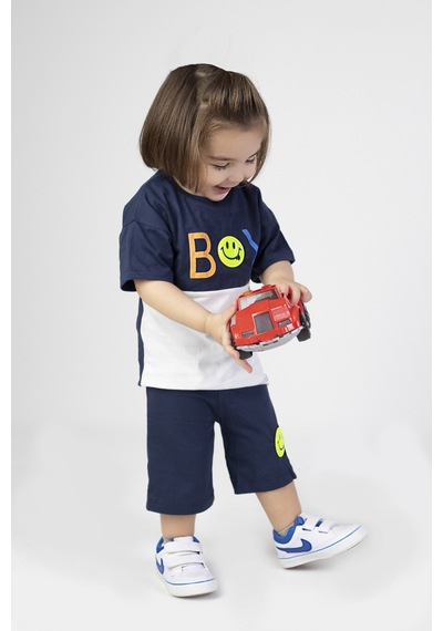 Harika Kids Erkek Bebek Şortlu Kısa Kollu Boys Desen Baskılı Yazlık Basic Alt-üst Takım 6-24 Ay Lacivert