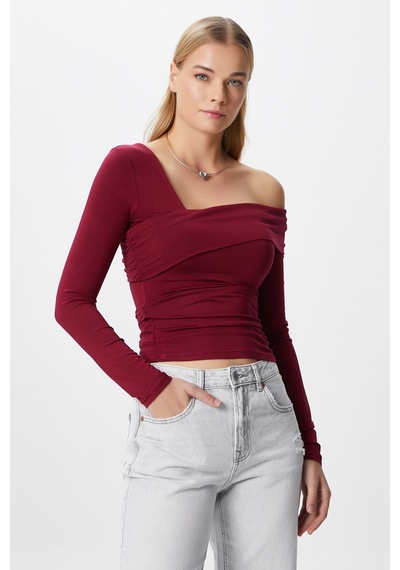 Ritnice Kadın Fuse Omuz Katlamalı Bordo Bluz Bordo