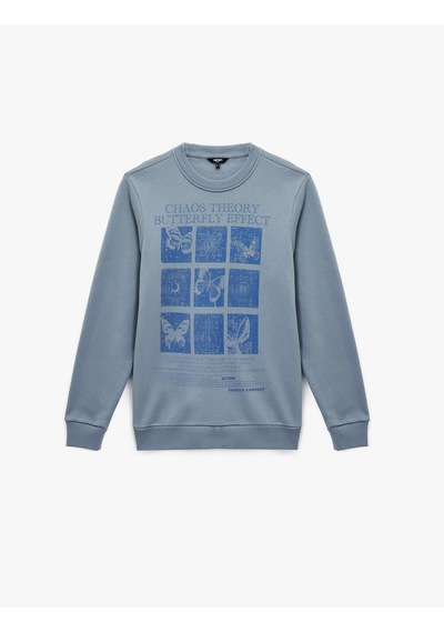 Koton Uzun Kollu Bisiklet Yaka Şardonlu Baskılı Sweatshirt Mavi 6wam70044mk