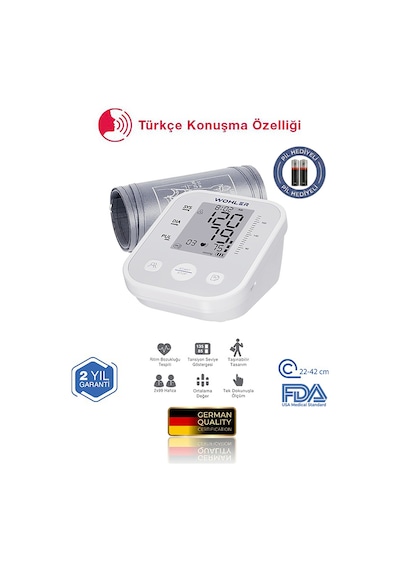 Wohler KONUŞAN Üst Koldan Ölçer Dijital Tansiyon Aleti , Nabız Ölçer, USB Girişli , 99 Ölçüm Hafıza Çantalı