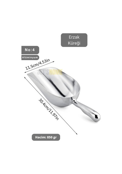 Erzak Küreği Alüminyum Bakliyat Küreği Un Küreği Kuruyemiş Küreği Hacim 850 Gr No:4 30 Cm