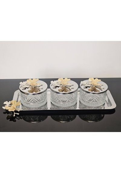 Atabey Home Collection 3'lü Kelebekli Gümüş Tepsili Kase Seti & Şekerlik & Sunumluk & Çerezlik
