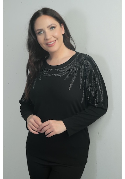 By Saygı Kadın Taşlı Kanat Model Likralı Çilek Büyük Beden Bluz-40371 Siyah