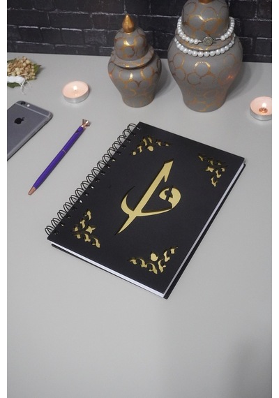 Elif Vav Siyah Ahşap Kapaklı Defter - Ajanda - Günlük - Dini Çizgisiz Defter-a5 Notebook-hediyelik