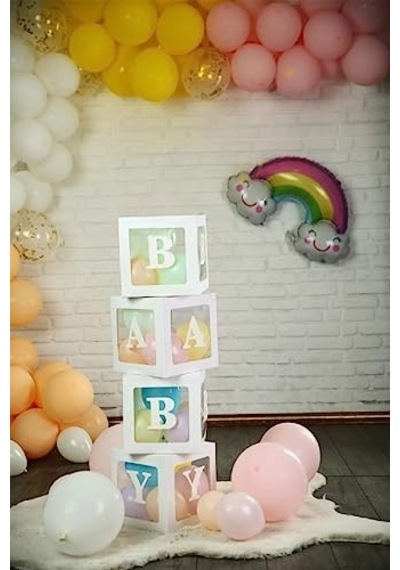 Bkmc Lüks 33 Parça Baby Yazılı Şeffaf Beyaz Kutu Balon Set, Baby Balon Kutusu Bebek Çocuk Doğum Günü Süsü Bmc Genel